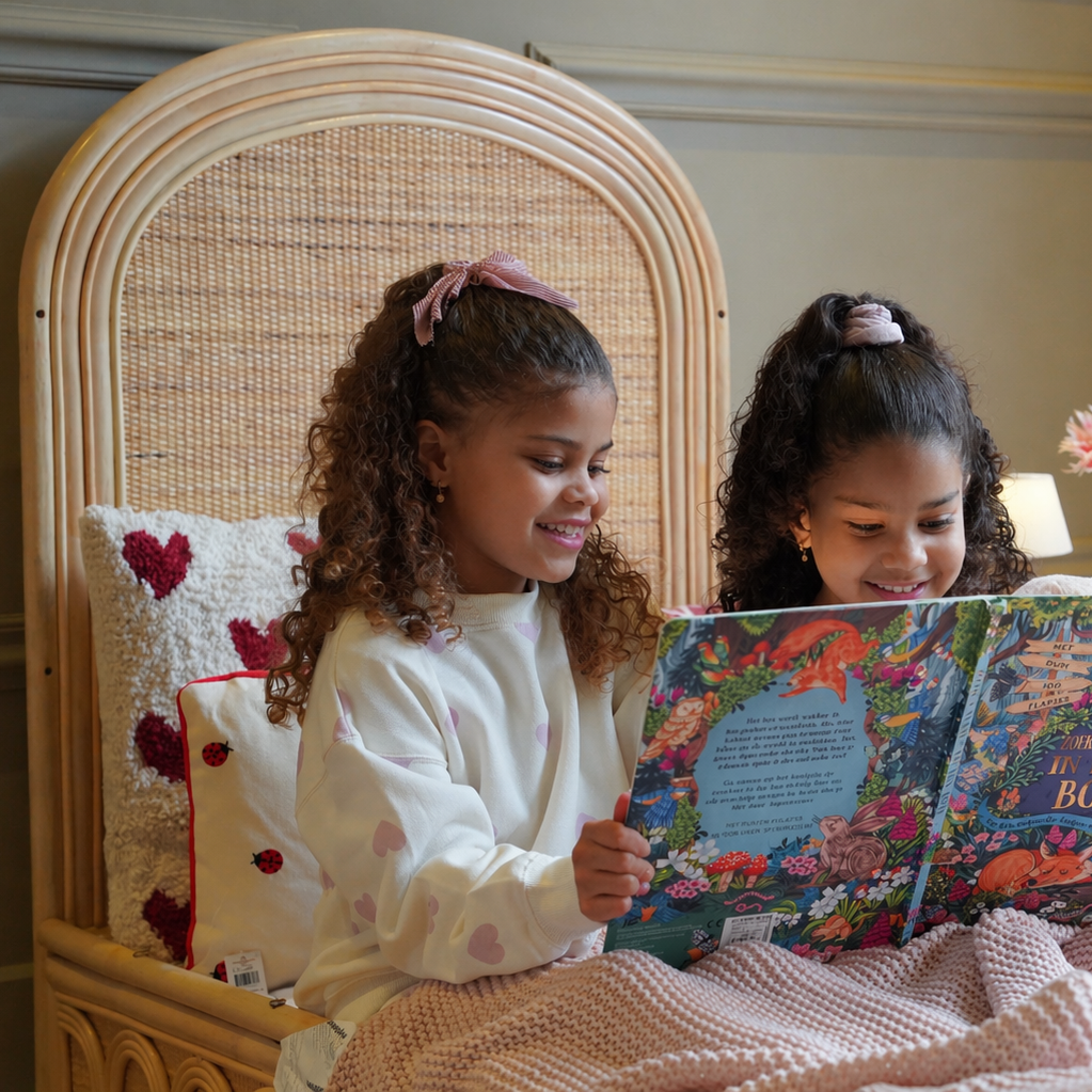 Twee kinderen lezen samen een boek in een naturel rotan kinderbed met handgevlochten hoofdbord