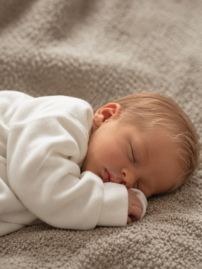 Baby slaapt in rotan meegroeibed Sol als ledikant met hoge matrasstand