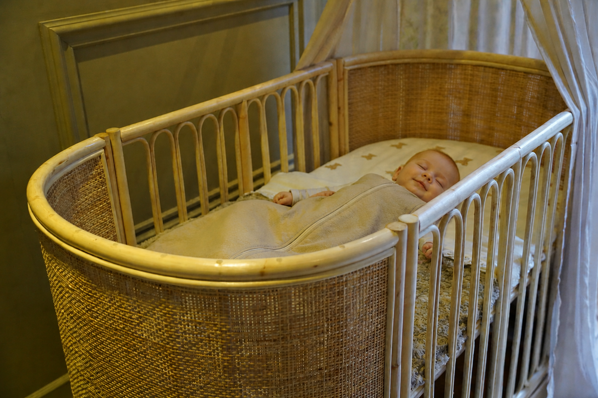 Blije baby in een veilig rotan babybed met afgeronde spijlen en comfortabele matras