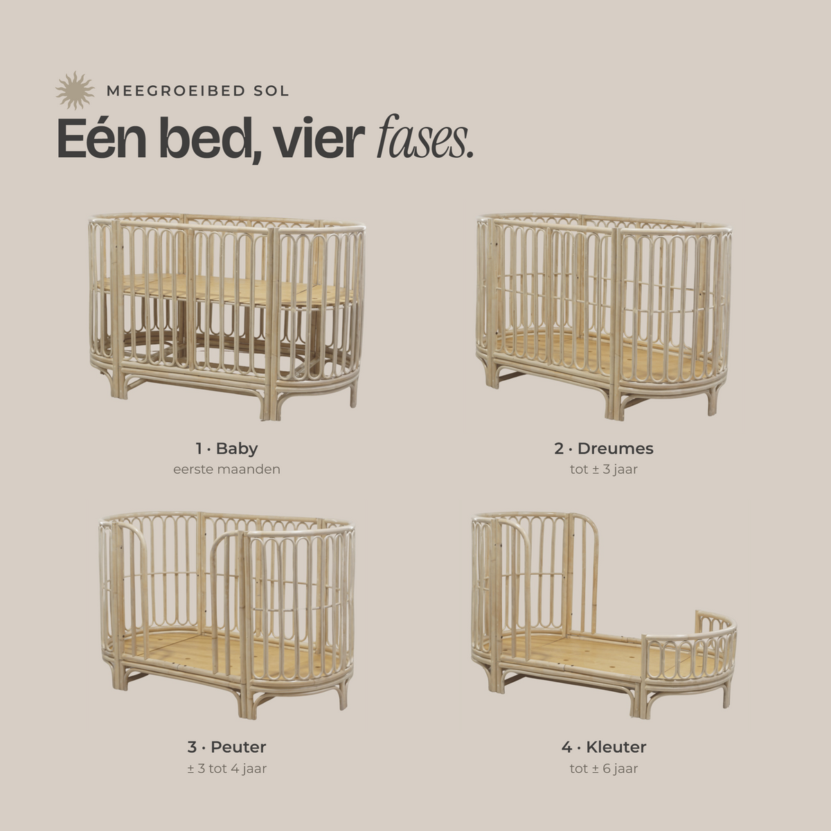 Ovaal rotan meegroeibed Sol 70x140 cm met ronde spijlen, handgemaakt