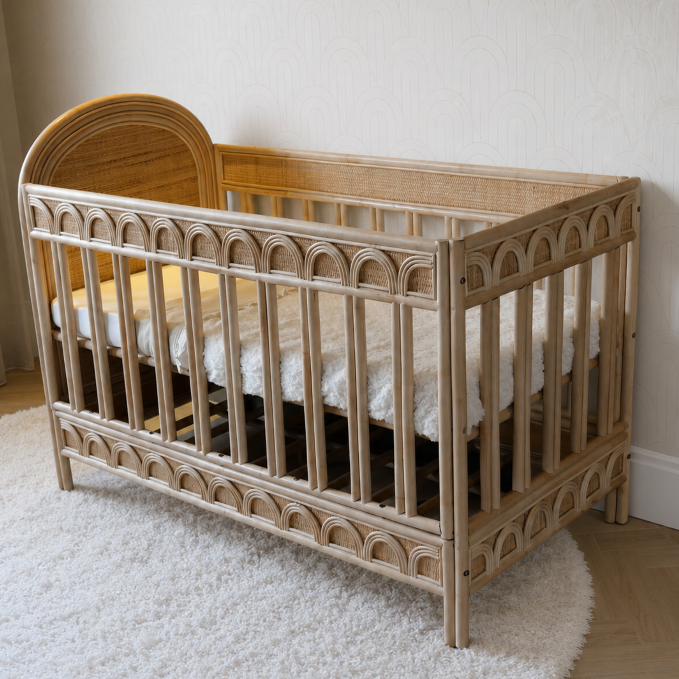 Naturel rotan babybed met verstelbare bedbodem en handgevlochten details in een stijlvolle babykamer