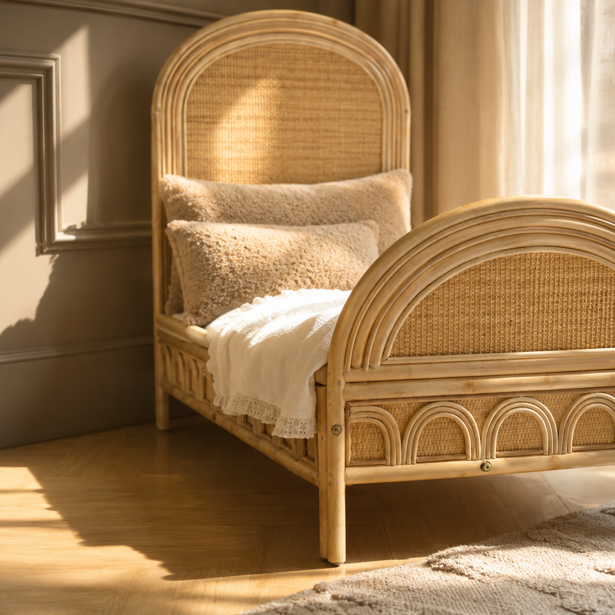 Naturel rotan kinderbed met handgevlochten hoofdbord en afgeronde afwerking in een warme kinderkamer