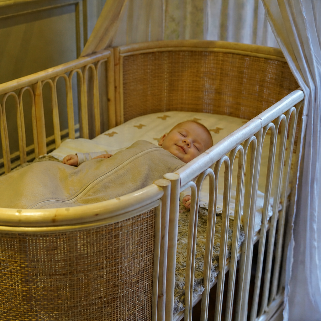 Slapende baby in een veilig rotan babybed met handgevlochten afwerking en afgeronde spijlen