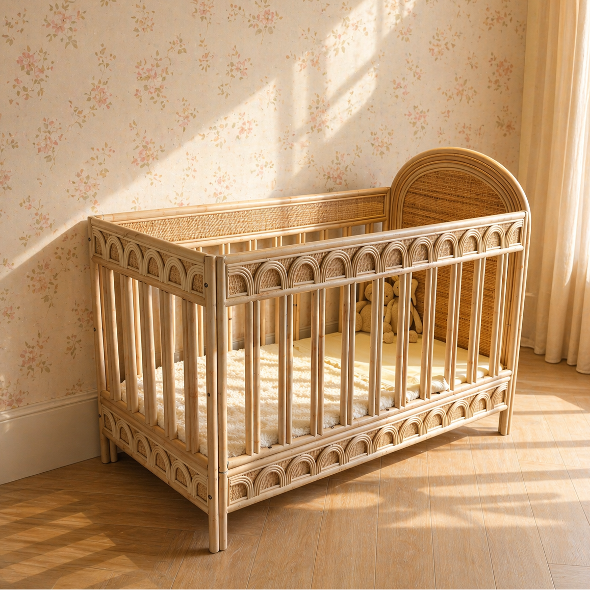 Naturel rotan babybed met verstelbare bedbodem en handgevlochten details in een warme, natuurlijke babykamer